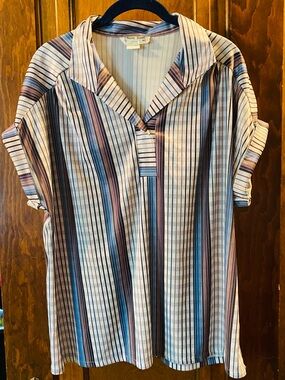 Striped Short-Sleeve Polo Shirt - Blue & Brown